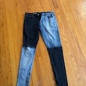 Filthy Wealth Two-Tone Black and Light Blue Patchwork Skinny Jeans